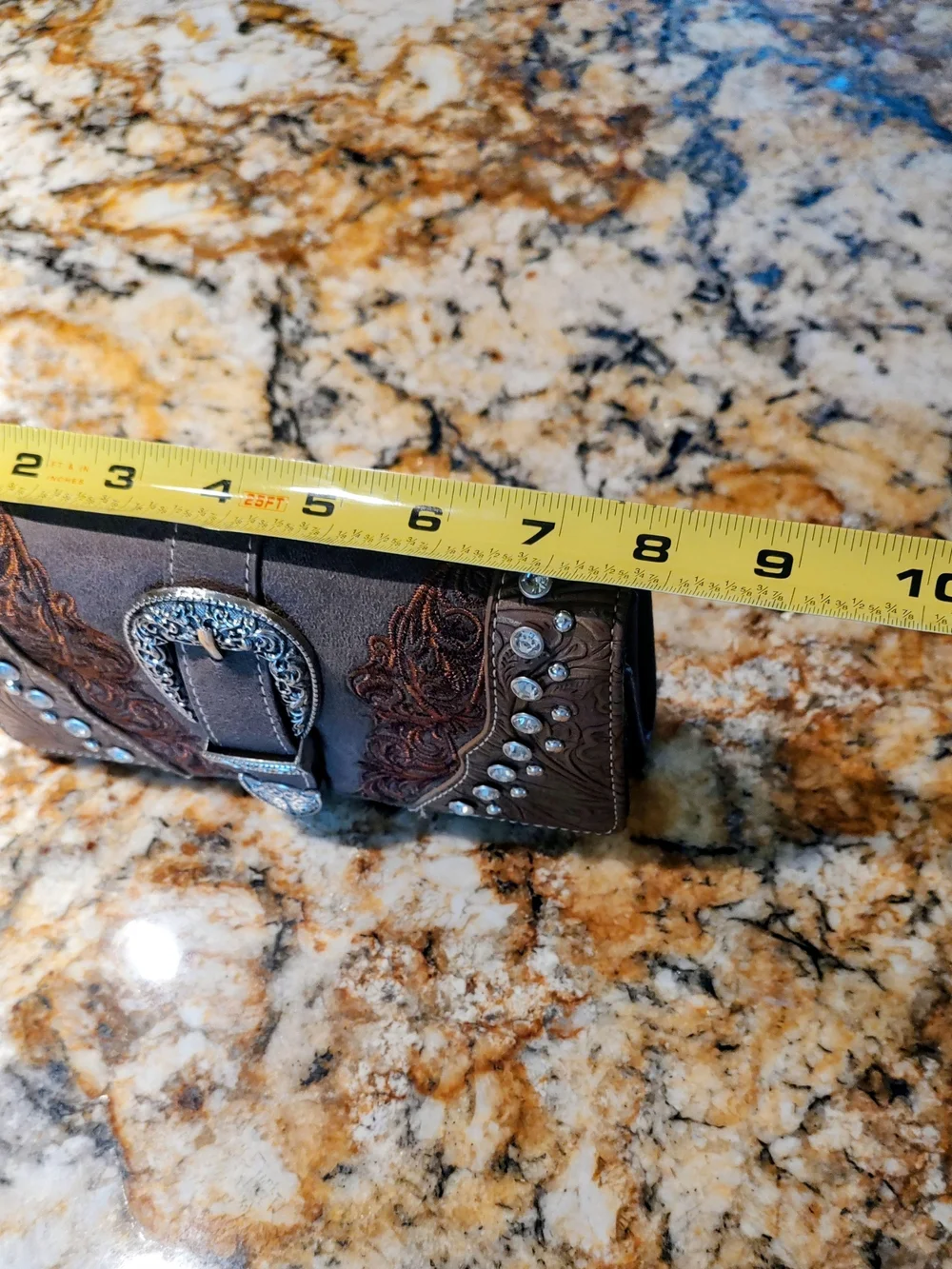 Montana West Brown Embossed Western Wallet with Silver Buckle and Rhinestones